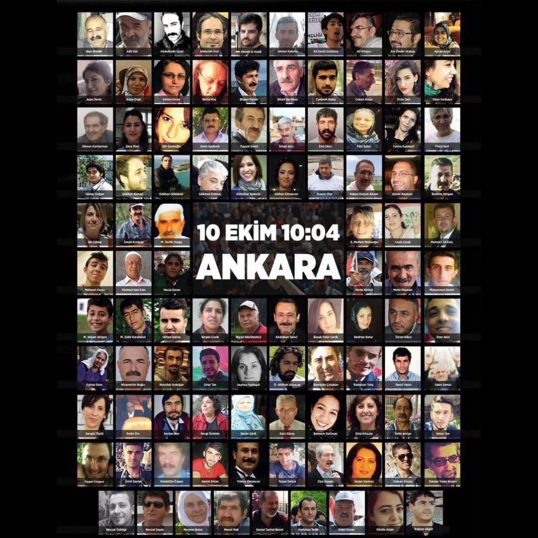10 Ekim 2015 tarihinde Ankara Garı önünde "Emek, Barış ve Demokrasi" mitingine karanlık güçler tarafından yapılan saldırıda ölen 103 yurttaşımızı saygıyla anıyor, katliamı yapan ve yönlendirenleri lanetle kınıyoruz.