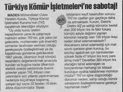 Türkiye Kömür İşletmeleri'ne sabotaj! (Cumhuriyet, 14.07.2005)